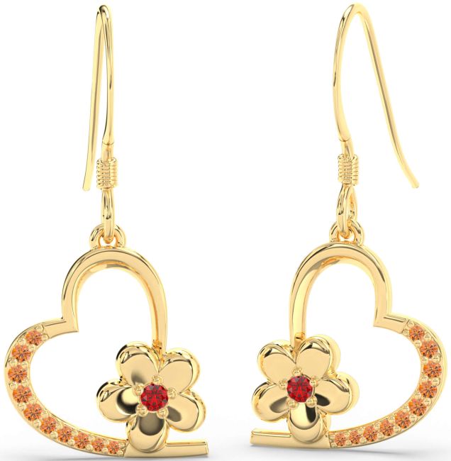 Ruby & Citrine Gold Heart Flower Dangle Earrings
