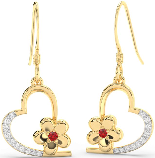 Diamond & Ruby Gold Heart Flower Dangle Earrings