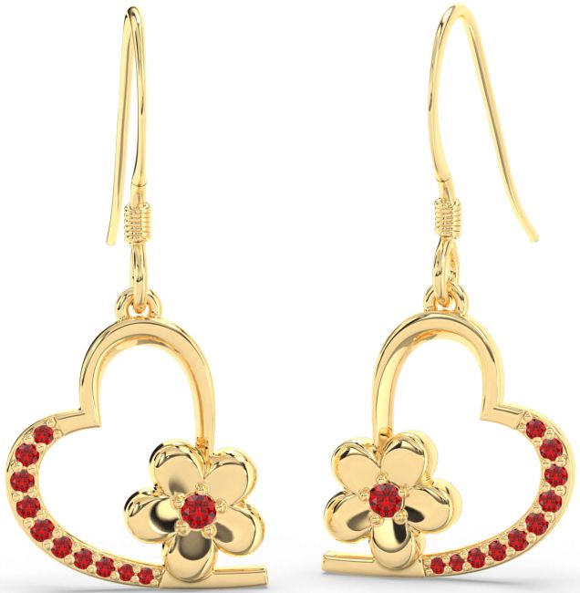 Ruby Gold Silver Heart Flower Dangle Earrings
