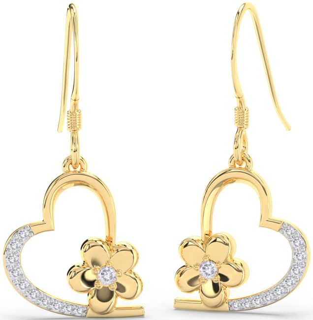 Salt & Pepper Diamond Gold Heart Flower Dangle Earrings