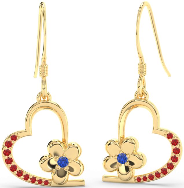 Blue Sapphire & Ruby Gold Heart Flower Dangle Earrings