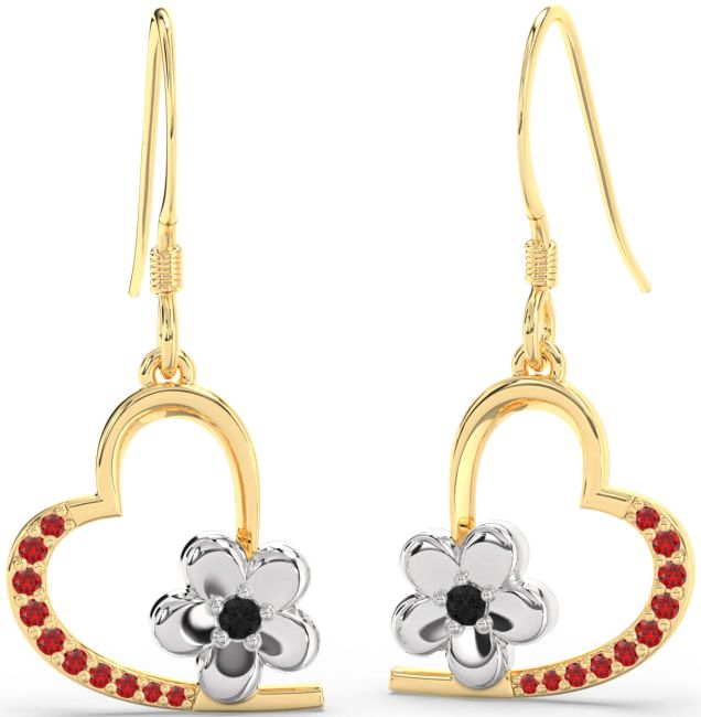 Black Diamond & Ruby Gold Silver Heart Flower Dangle Earrings