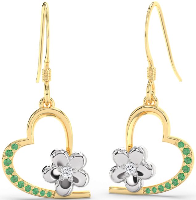 Emerald & Diamond Gold Silver Heart Flower Dangle Earrings