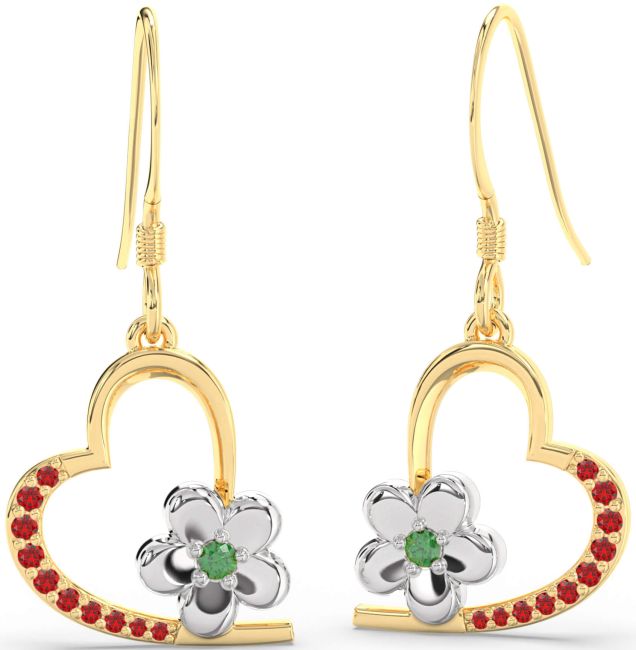 Emerald & Ruby Platinum & Yellow Gold Heart Flower Dangle Earrings