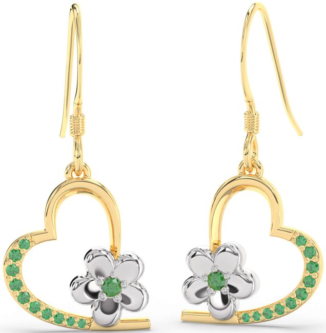 Emerald Gold Silver Heart Flower Dangle Earrings