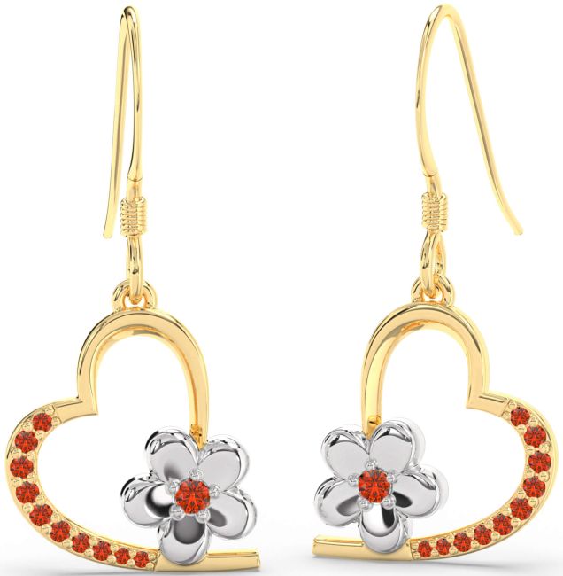 Fire Opal Gold Silver Heart Flower Dangle Earrings