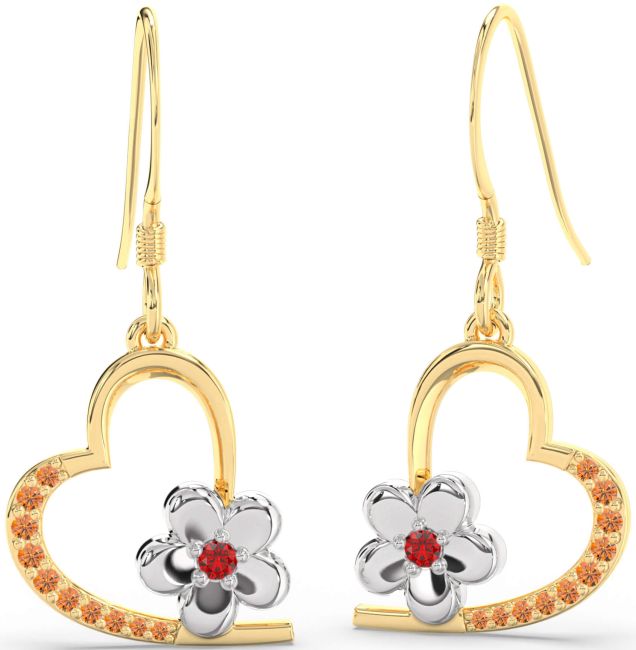 Ruby & Citrine Gold Silver Heart Flower Dangle Earrings