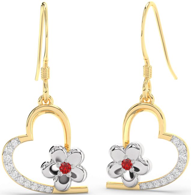 Diamond & Ruby Platinum & Yellow Gold Heart Flower Dangle Earrings