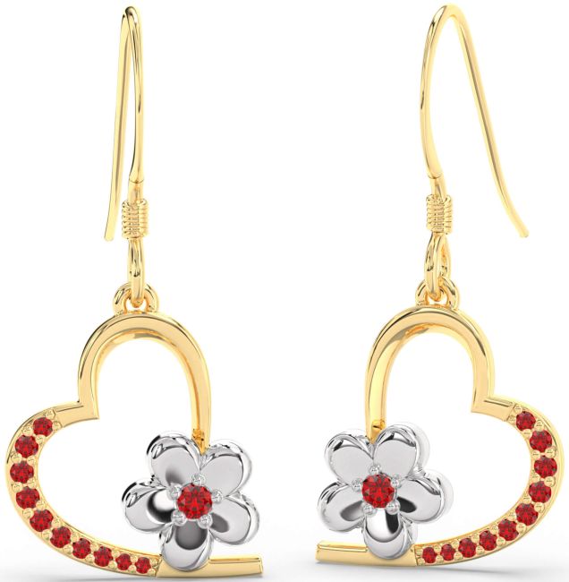 Ruby Platinum & Yellow Gold Heart Flower Dangle Earrings