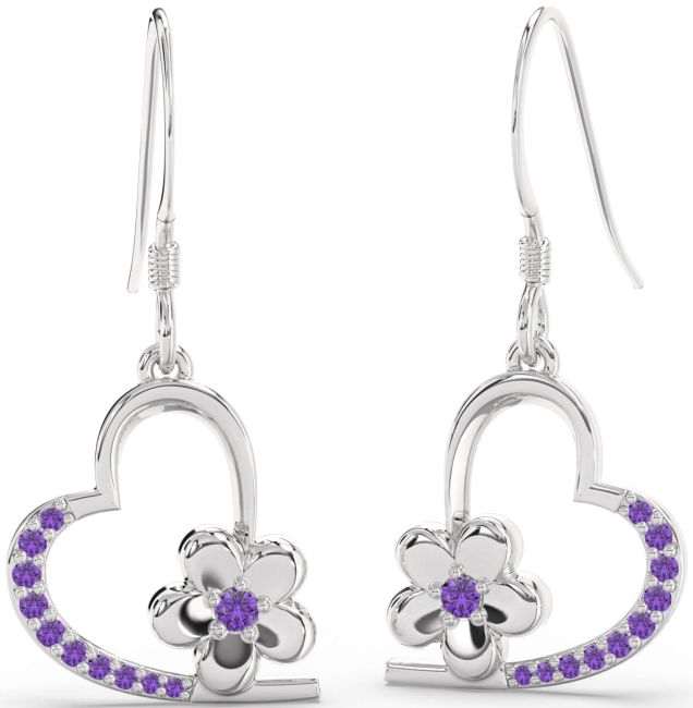 Amethyst Silver Heart Flower Dangle Earrings