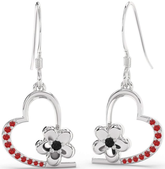 Black Diamond & Ruby Platinum Heart Flower Dangle Earrings