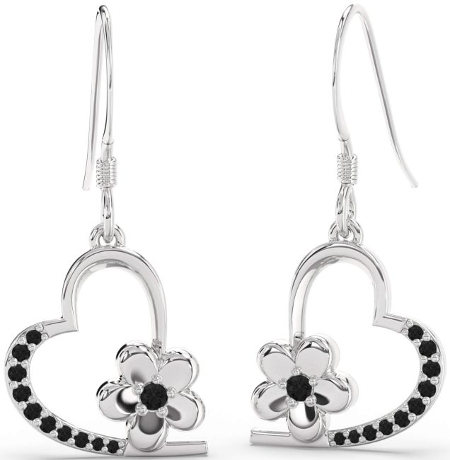 Black Diamond Silver Heart Flower Dangle Earrings