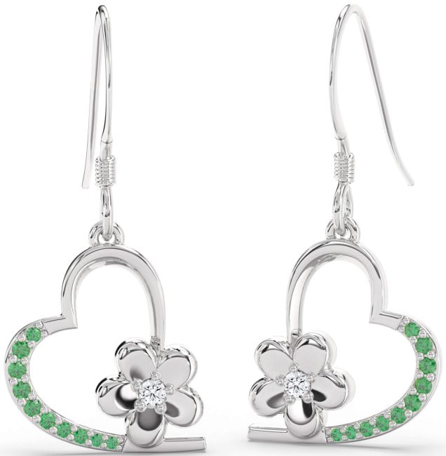 Emerald & Diamond Platinum Heart Flower Dangle Earrings