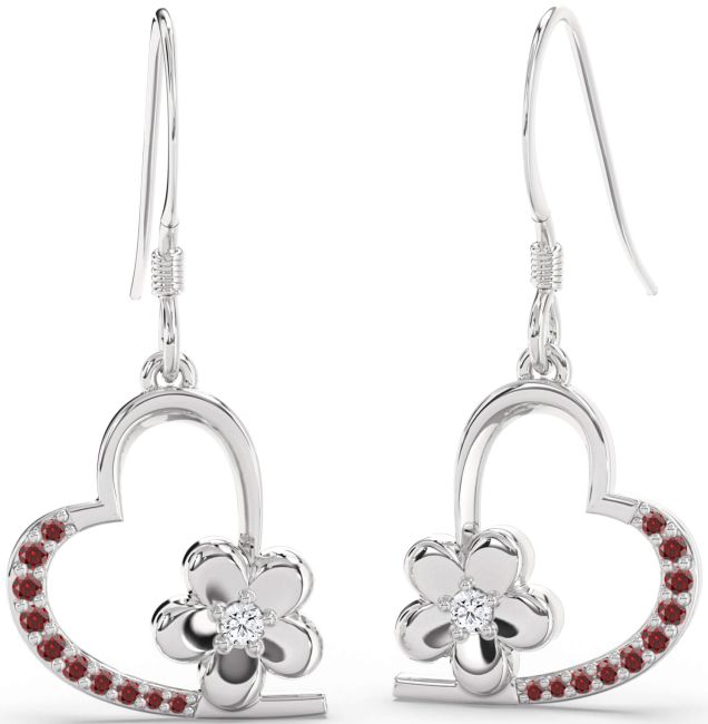 Diamond & Garnet Silver Heart Flower Dangle Earrings