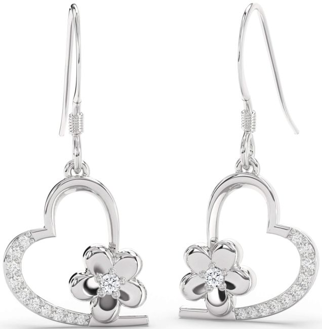 Lab Diamond Silver Heart Flower Dangle Earrings