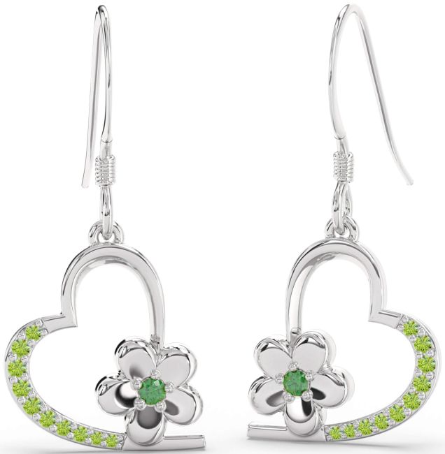 Emerald & Peridot White Gold Heart Flower Dangle Earrings