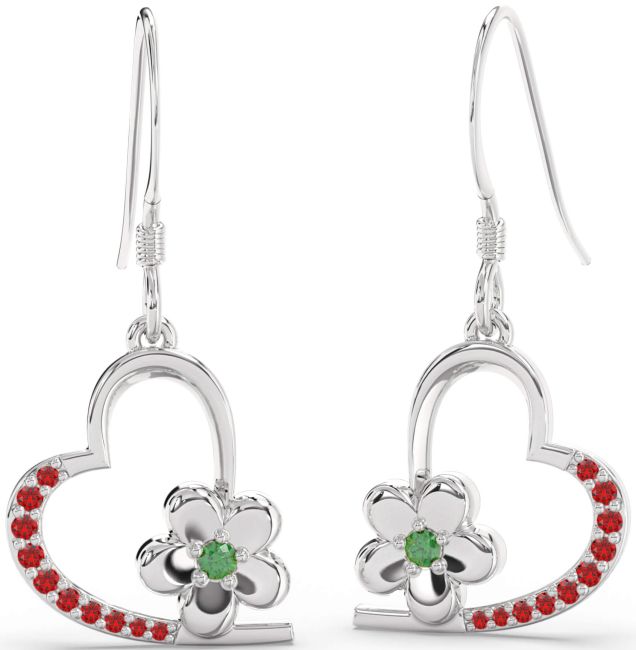 Emerald & Ruby White Gold Heart Flower Dangle Earrings