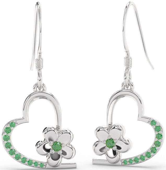 Emerald White Gold Heart Flower Dangle Earrings