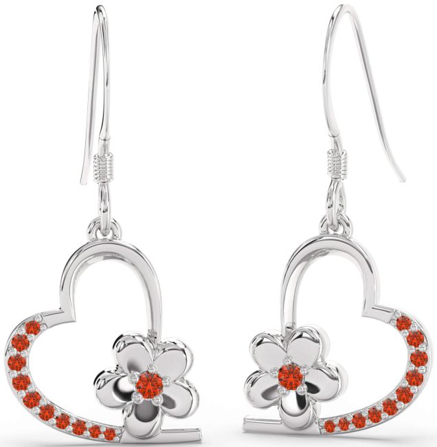 Fire Opal Silver Heart Flower Dangle Earrings