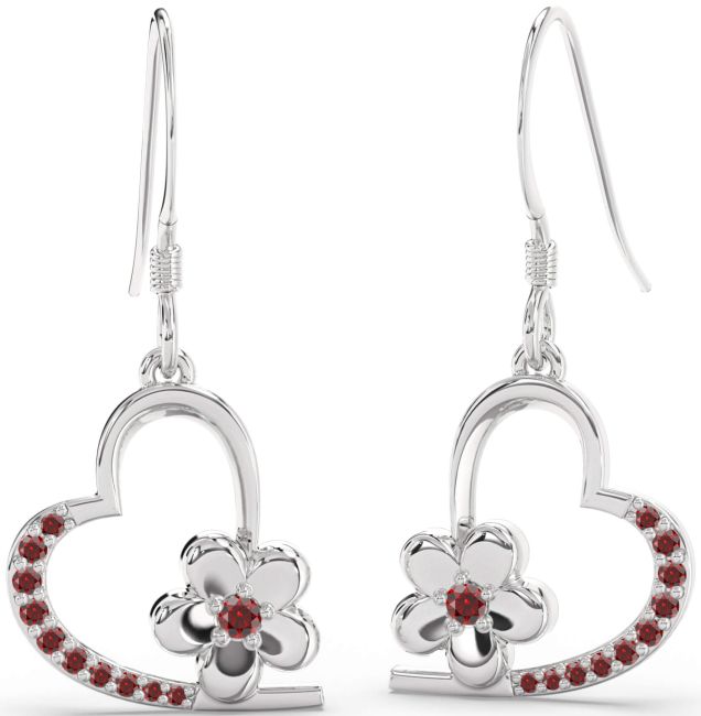 Garnet Silver Heart Flower Dangle Earrings