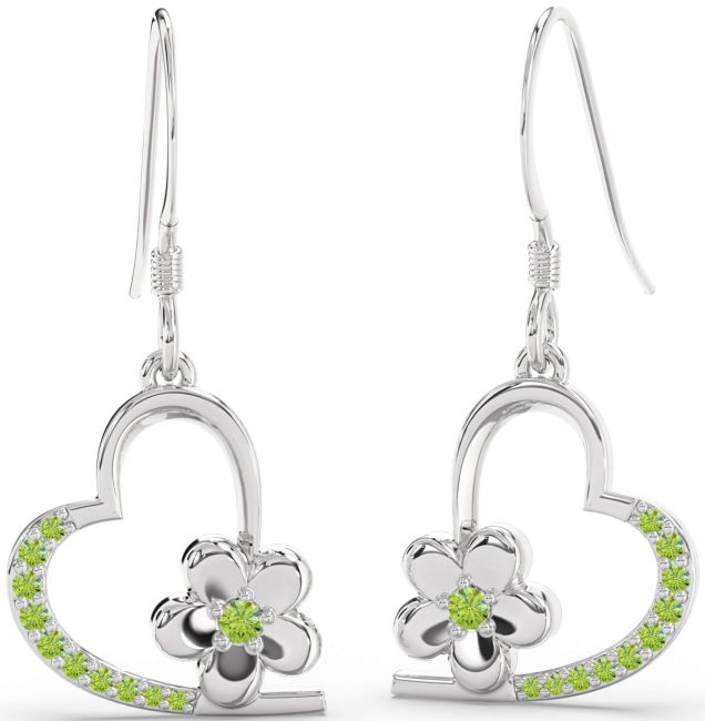 Peridot Silver Heart Flower Dangle Earrings