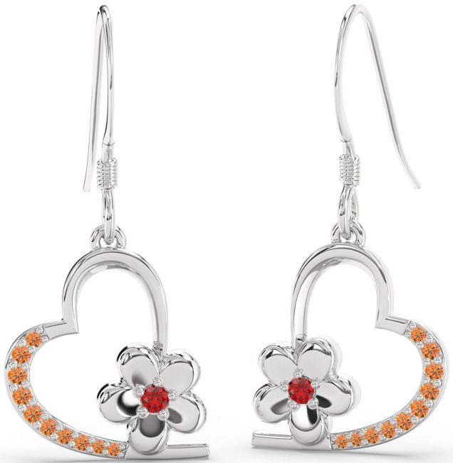 Ruby & Citrine Platinum Heart Flower Dangle Earrings