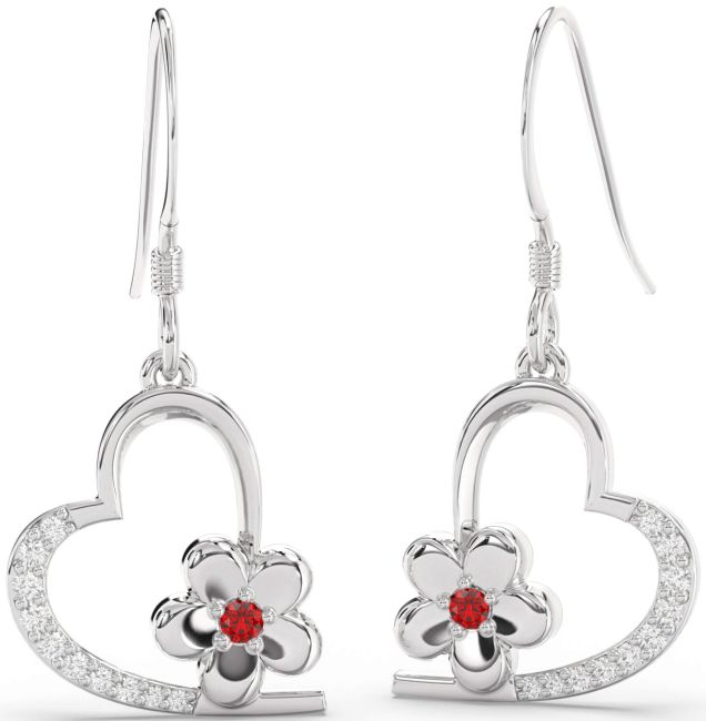 Diamond & Ruby White Gold Heart Flower Dangle Earrings