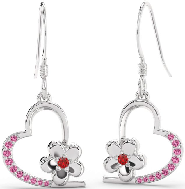 Ruby & Pink Sapphire Silver Heart Flower Dangle Earrings