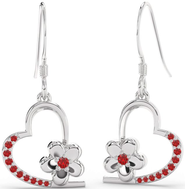 Ruby Platinum Heart Flower Dangle Earrings