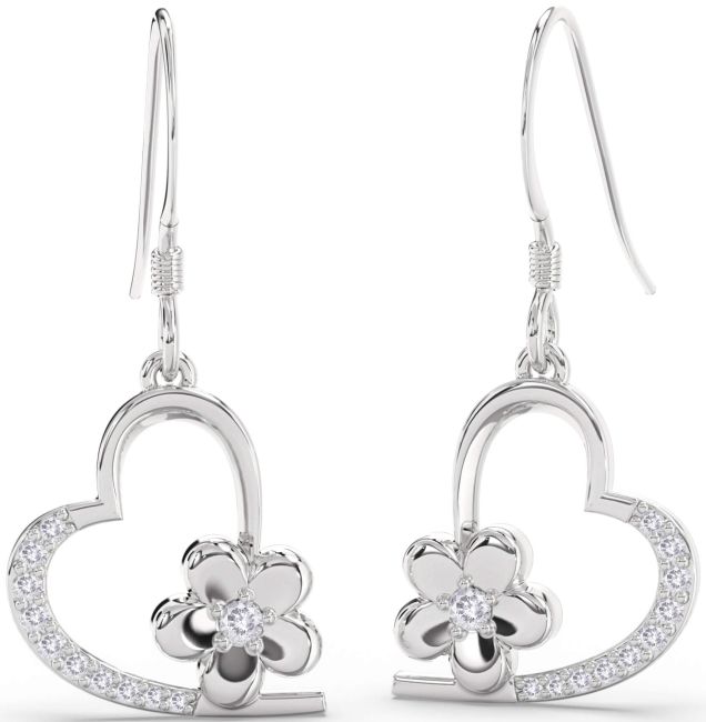 Salt & Pepper Diamond Platinum Heart Flower Dangle Earrings