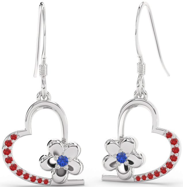Blue Sapphire & Ruby Silver Heart Flower Dangle Earrings