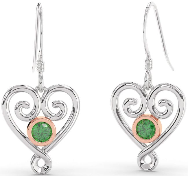 Emerald Rose Gold Silver Heart Dangle Earrings
