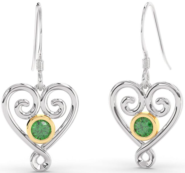 Emerald Platinum & Yellow Gold Heart Dangle Earrings