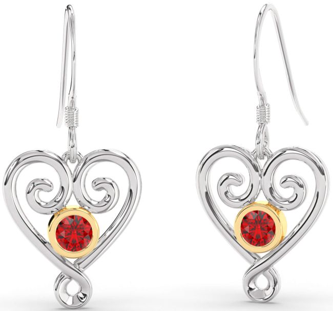 Ruby Gold Silver Heart Dangle Earrings