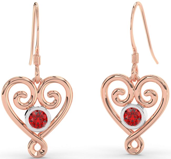Ruby Platinum & Rose Gold Heart Dangle Earrings