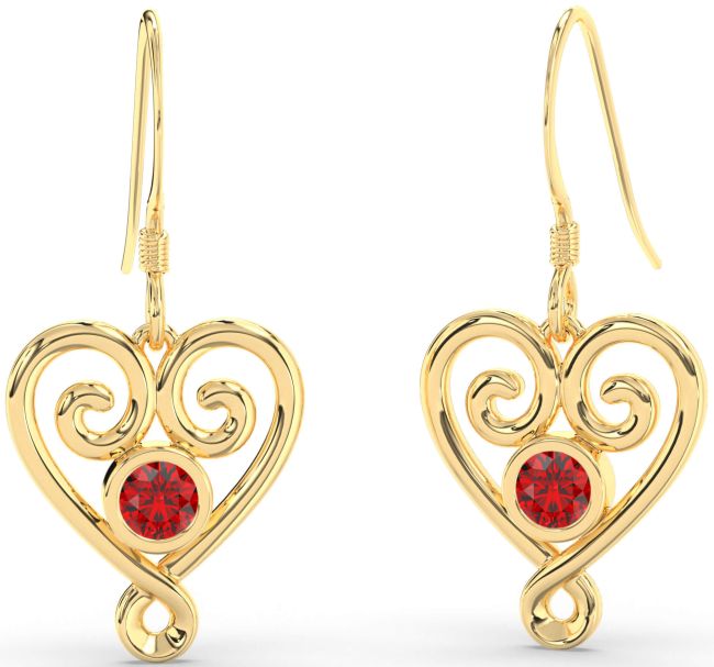 Ruby Gold Heart Dangle Earrings