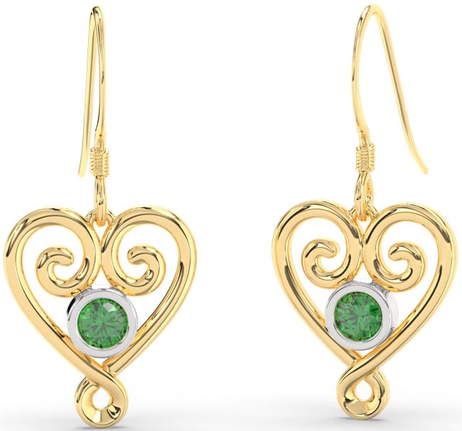 Emerald Gold Silver Heart Dangle Earrings