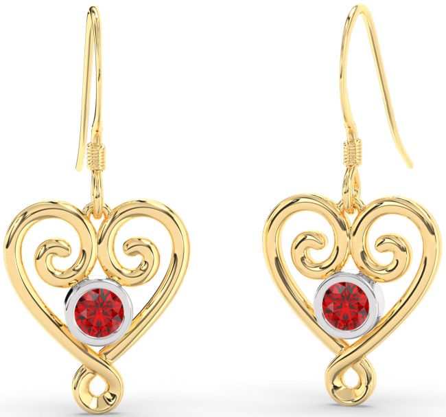 Ruby White Yellow Gold Heart Dangle Earrings