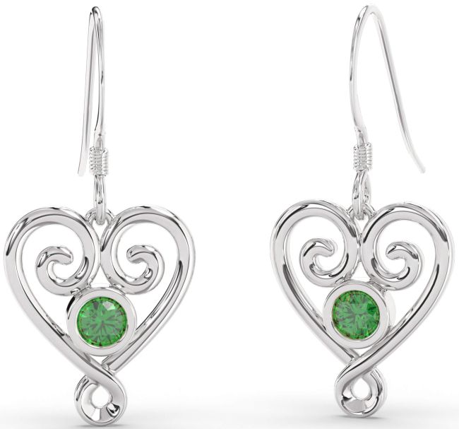 Emerald White Gold Heart Dangle Earrings