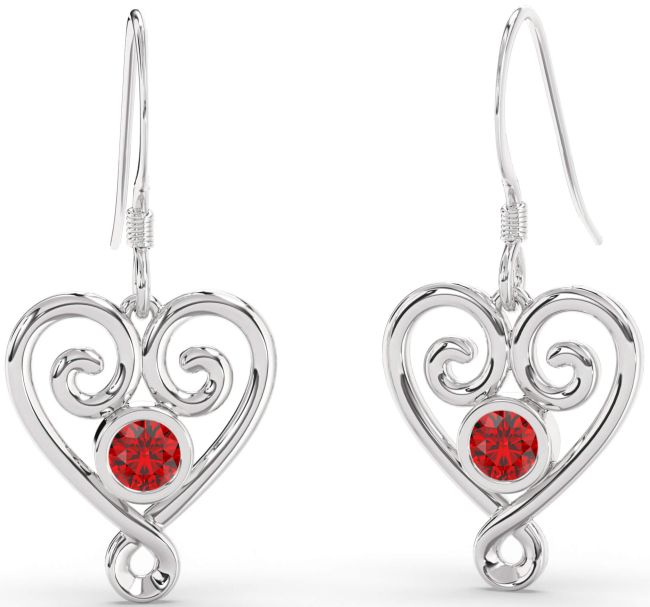 Ruby Silver Heart Dangle Earrings