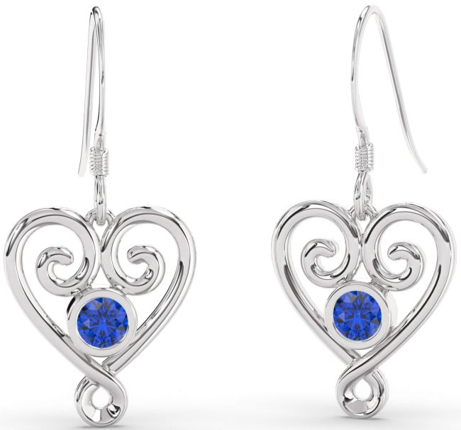 Blue Sapphire Silver Heart Dangle Earrings