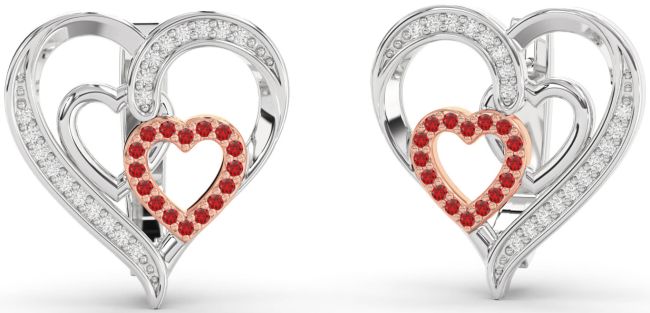 Diamond Ruby Silver & 10K Rose Gold Heart Stud Earrings