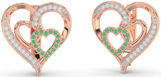 Diamond Emerald Rose Gold Heart Stud Earrings