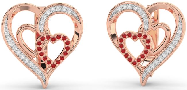 Diamond Ruby Rose Gold Heart Stud Earrings