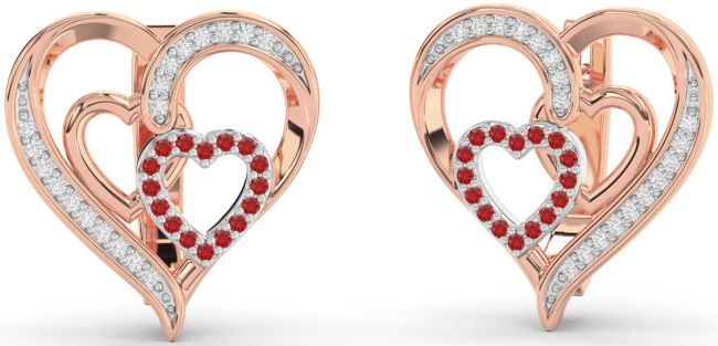 Diamond Ruby White Rose Gold Heart Stud Earrings