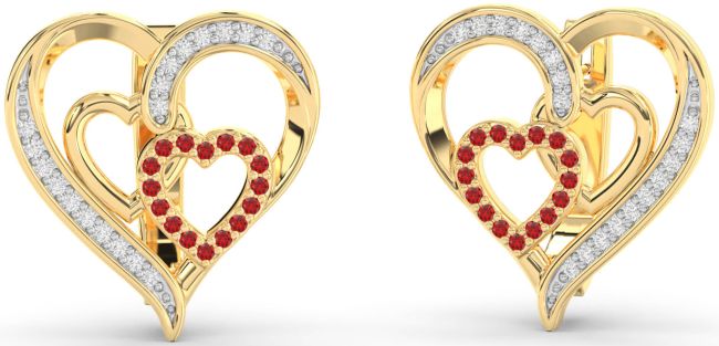 Diamond Ruby Gold Heart Stud Earrings