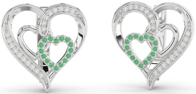 Diamond Emerald Silver Heart Stud Earrings