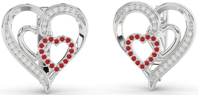 Diamond Ruby White Gold Heart Stud Earrings