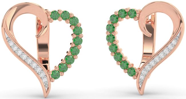 Diamond Emerald Rose Gold Heart Stud Earrings