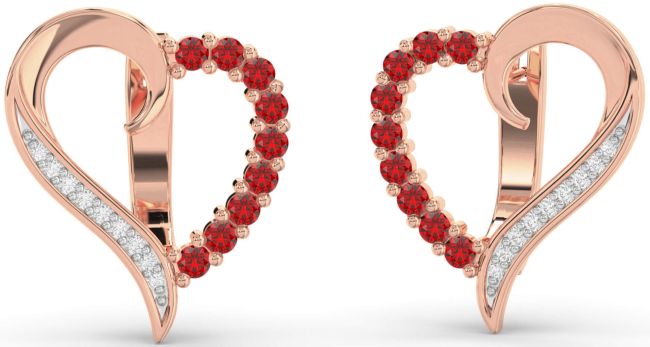 Diamond Ruby Rose Gold Heart Stud Earrings